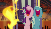 Geyser bursts left of Starlight and Trixie S8E19