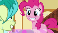 Pinkie Pie grinning happily at Sandbar S8E2