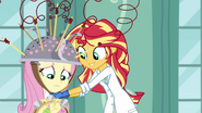 Sunset putting collander on Fluttershy's head EG3