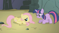 Fluttershy doesn't want to go in the cave.