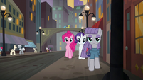 Pinkie, Rarity, and Maud wander through Manehattan at sunset S6E3