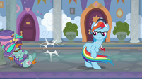 Rainbow pulls her tail out of Snips' hooves S9E15