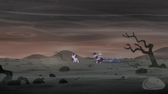 Twilight, Spike, and Starlight on the barren landscape S5E26