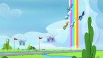 Wonderbolts diving toward the runway S7E7