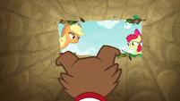 AJ and Apple Bloom over Winona in the trap S9E10