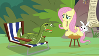 Antoine hisses at Fluttershy; Angel tries getting Fluttershy's attention S9E18