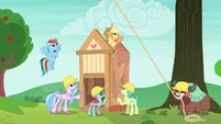 Applejack and students slowly finish the shed S8E9