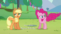 Applejack asks Pinkie about Countess Coloratura; Pinkie about to bring her tail down S5E24