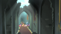 Mane 6 walking through castle corridor.