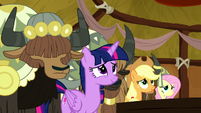 Main ponies and yaks listening to Pinkie S8E18