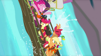 Pinkie and Apples going down waterfall S4E09