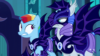 Rainbow Dash and another guard look at each other S5E26
