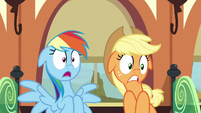 Rainbow and Applejack shocked by Fluttershy's outburst S6E18