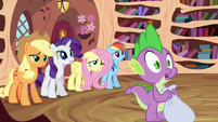 Applejack, Rarity, Fluttershy, Rainbow and Spike standing S3E01