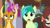 Smolder, Sandbar, and Yona look at ruined tree S8E16