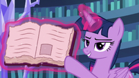 Twilight Sparkle pointing to a friendship journal entry S7E14