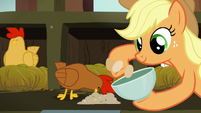 Applejack collects eggs while brown chicken eats S6E10