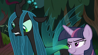 Fake Twilight smirking at Queen Chrysalis S8E13