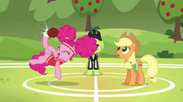 Pinkie Pie back-kicks the softball S6E18