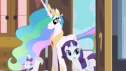 Princess Celestia entering room with Rarity and Opal S2E09