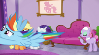 Rainbow Dash flying out of the spa S6E10