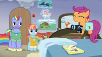 Scootaloo bouncing on Rainbow Dash's old bed S7E7