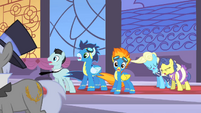 Stunned by Rainbow Dash speeding towards the falling statue.