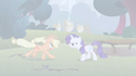 Rarity is still using her backing away animation when running to hold Applejack. Also, Applejack without freckles.