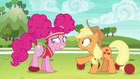 Applejack harshly coaching Pinkie Pie S6E18