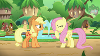 Fluttershy laughs at Applejack's joke S8E23