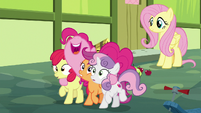 Pinkie Pie hugging the Crusaders S8E12