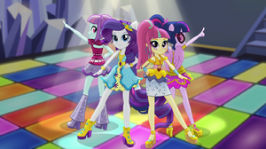 Sunny Flare, Rarity, Sour Sweet and Twilight on dance floor EGS1