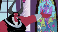 Tirek pointing at stained glass window S4E26