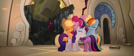 Mane Six and Spike hug on the balcony MLPTM