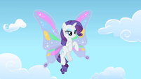 Rarity with magic wings of gossamer and morning dew in Sonic Rainboom.