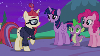 Twilight, Pinkie, and Spike say goodbye to Moon Dancer S5E12