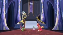 Discord, Spike, and Mac back in the castle lobby S6E17
