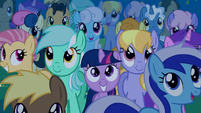 Filly Twilight in the crowd smiling S1E23