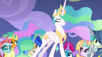 Princess Celestia on stage with Young Six S8E7