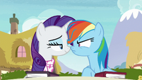 Rarity smug; Rainbow Dash scowling S8E17