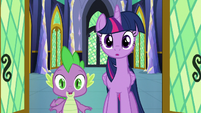 Twilight and Spike enter the castle throne room S8E15