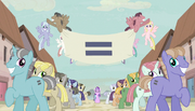 Creepy smiling ponies with equals sign banner S5E1