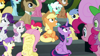 Ponies watching Rainbow Dash in fear S6E7