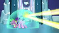Starlight forms shield bubble around her and Spike to deflect magic beam S6E2