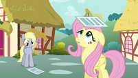 Fluttershy looking at newspaper on her head S2E22