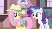 Rarity levitating a wrap into Fluttershy's saddlebag S4E11