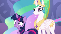 Celestia and Twilight smiling for medal recipients S7E1