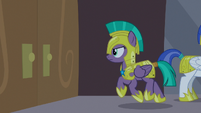 Guard Chrysalis approaches castle doors S9E17