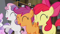 The Cutie Mark Crusaders laughing at Diamond Tiara S02E23