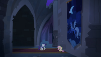 Fluttershy pops out from behind tapestry S4E03